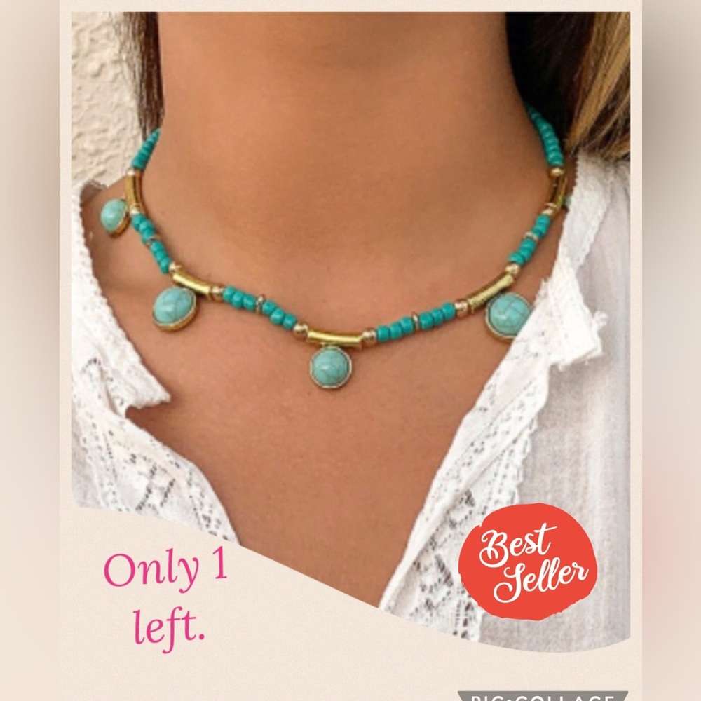 Retro-Look Turquoise Necklace with Golden Accents